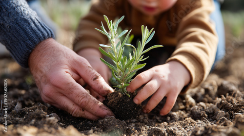 Medium shot of faceless hands (mother and child) digging in a flower bed, planting a small lavender bush, Gardening Together, focus on the dirt-stained hands and the green leaves,
