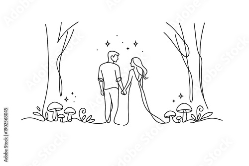 "Fairy tale lovers in enchanted forest". Minimalistic one-line drawing couple holding hands among tall trees,