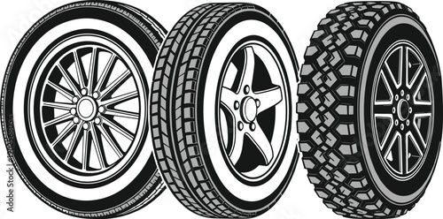 Collection of automotive wheel and tire vector illustrations with diverse tread patterns for car racing off road performance garage repair and maintenance