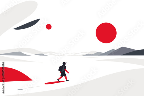 Vast desert silence. Small human figure contrasted with massive open desert, soft heat lines and distant