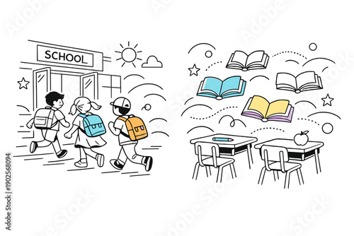 School. Children walking into a bright school building, backpacks bouncing, morning energy in the air. Open