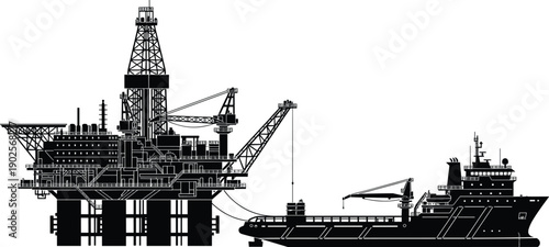 Offshore oil rig platform silhouette with supply ship vessel for deep sea petroleum extraction maritime fuel energy production and global industrial engineering