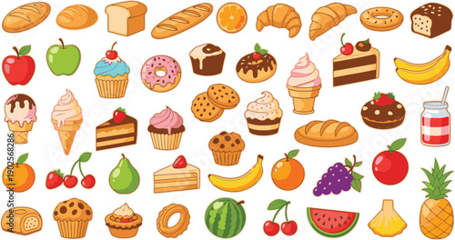 A colorful vector illustration of various food items and desserts on a white background