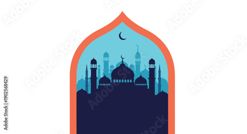 Ramadan Kareem banner, poster, greeting card, cover design with mosque, crescent moon, pattern background in flat geometric style.
