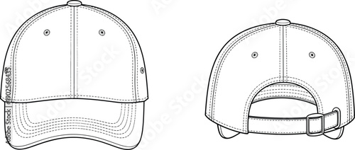 Baseball cap outline template vector illustration front and back view adjustable strap hat mockup technical drawing set