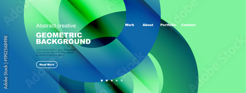 Abstract website header design. Geometric shapes, vibrant colors, text elements, navigation menu present. Modern aesthetic.