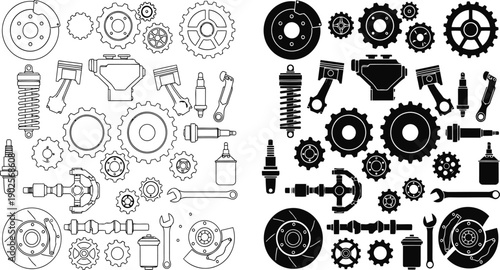 A collection of mechanical tools and parts in a vector graphic illustration