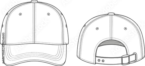 Baseball cap front and back view vector illustration outline adjustable hat template fashion headwear mockup design set