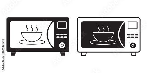 Microwave oven minimal icon set, black color and white background.
