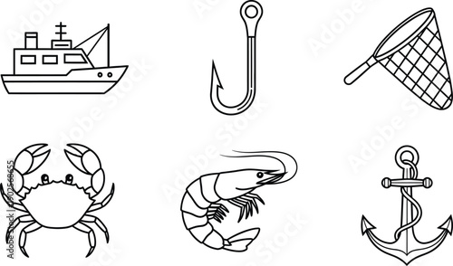 Collection of simple outline fishing and seafood icons including a boat hook net crab shrimp and anchor perfect for marine or culinary themes
