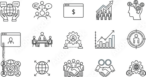 Business management line icons set teamwork communication leadership analytics partnership growth strategy outline vector collection for corporate workflow design