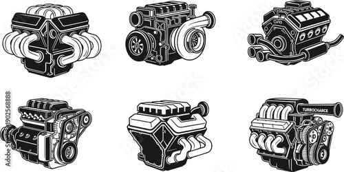 Set of automotive engine vector illustrations featuring turbochargers and mechanical parts for car racing performance garage repair service power motor vehicle design