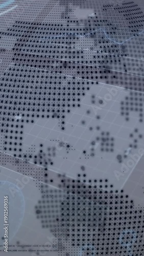 Vertical video: Camera starting pan as dotted world map shifting over glass HUD, visualizing data