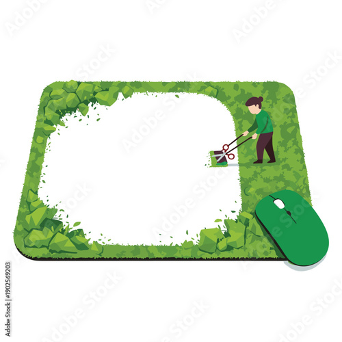 Tiny person uses a manual lawn mower to trim a grassy computer mousepad next to a green mouse, a whimsical concept of maintaining a green and tidy digital workspace.