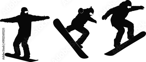 Snowboard action silhouette sequence, snowboarder jumping tricks, winter extreme sport motion, freestyle snowboarding isolated on white background, dynamic, energy, concept