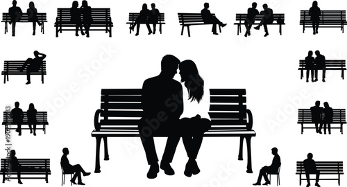 Couple sitting on park bench silhouettes set romantic people poses outdoor love dating scene black white vector collection