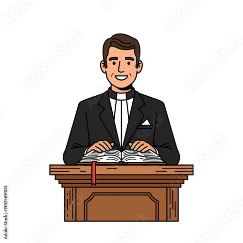Cleric in Clerical Collar and Suit Reading Bible at Pulpit