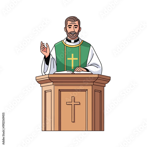 Priest preaching from a wooden pulpit with a Bible and cross emblem