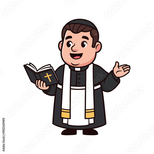 Cartoon Priest Holding Bible and Preaching, Religious Character Illustration