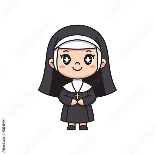 Cute Cartoon Nun Character with Rosary Necklace, Chibi Style
