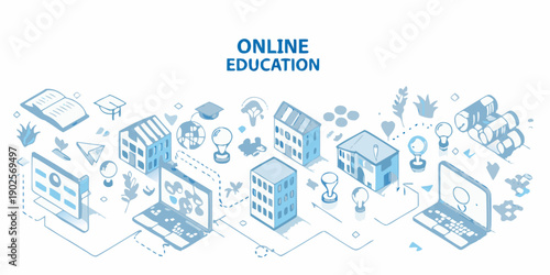 Isometric illustration depicting the concept of modern online education