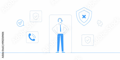 Customer support representative illustrated with security and communication icons
