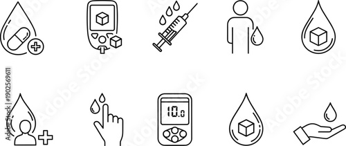 Diabetes medical line icons set with insulin syringe glucose meter blood drop testing healthcare monitoring treatment symbols vector