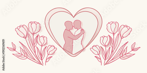 A romantic sketch depicting a couple embraced within a heart shaped frame