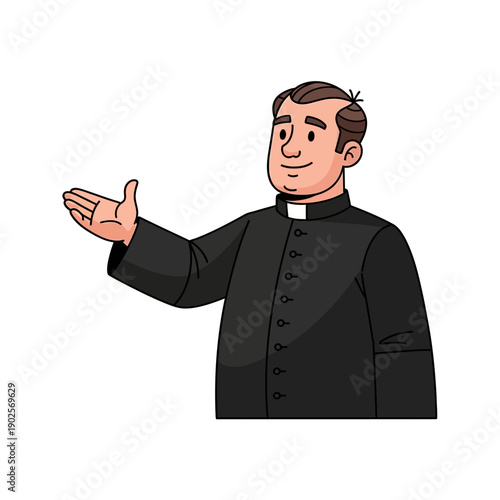 Friendly Cartoon Priest Offering Welcome Gesture, Clergy Character Illustration