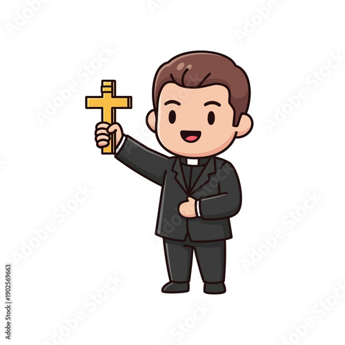 Cute Cartoon Priest Holding Golden Cross, Religious Character