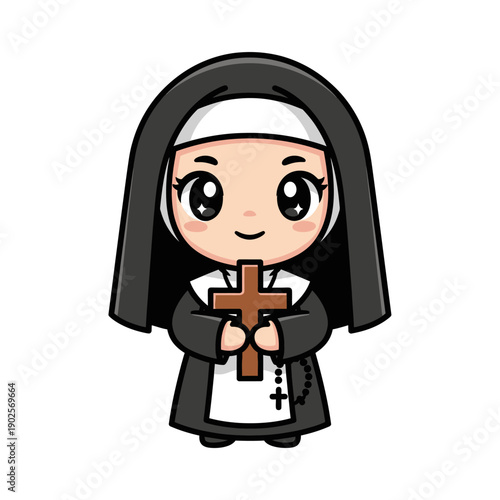 Cute Nun Holding Christian Cross, Kawaii Religious Character Illustration