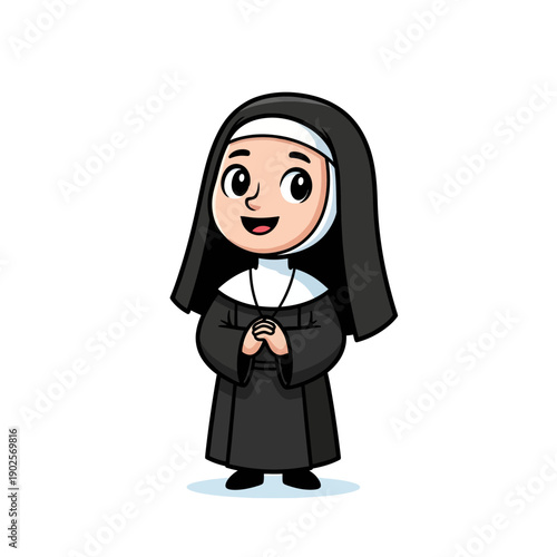 Cute Cartoon Nun Praying with Folded Hands, Smiling Character