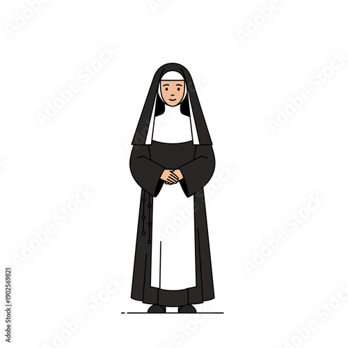 Cartoon Nun Standing Full Body Illustration, Religious Woman In Habit