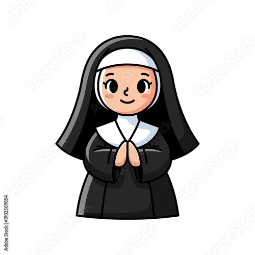 Cute Cartoon Nun Praying, Religious Character Illustration