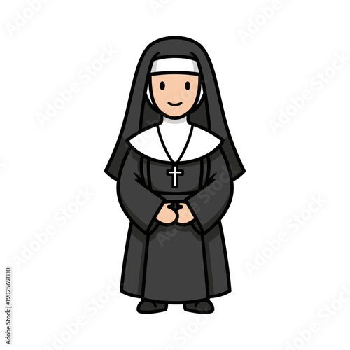 Cartoon Nun Character Wearing Habit and Cross Necklace