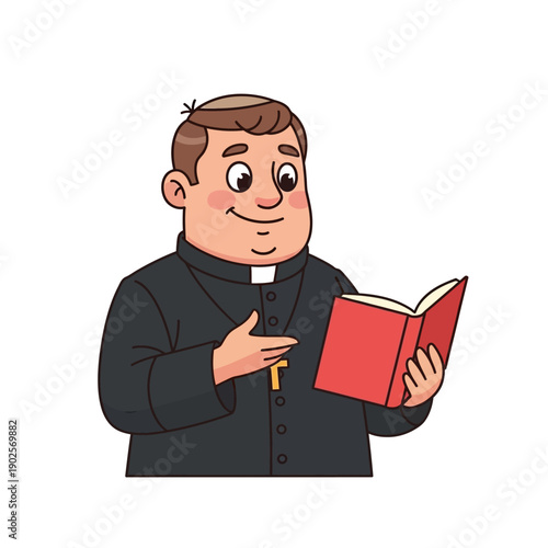 Cartoon Priest Reading a Book, Religious Clergy Character