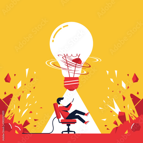 Man sits in an office chair under the bright light of a giant, shattered lightbulb, representing a broken idea, a failed project, or the aftermath of a breakthrough.