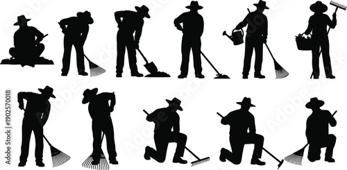 Gardener silhouettes set vector illustration landscaping workers with rake shovel watering can outdoor gardening poses black white collection