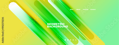 Bright geometric background features layered rounded rectangles. Gradient colors transition from yellow to green. Navigation links present.