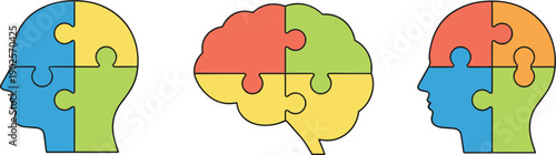 Human head and brain puzzle illustration psychology mental health thinking creativity problem solving colorful vector concept design