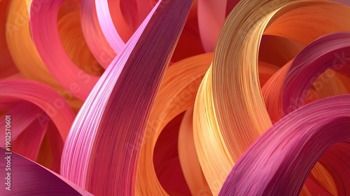 Sculptural ribbons of neon pink and orange paper twist together, creating glowing color gradients and dynamic shadows. 3D rendered illustration.