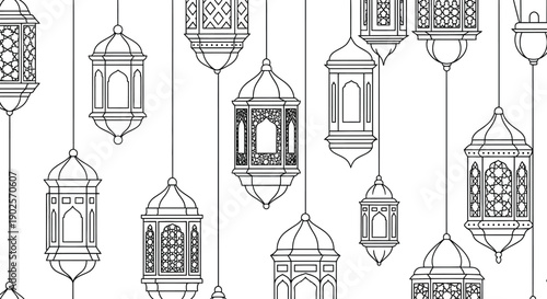 Collection of traditional Islamic lanterns intricate line art design for Ramadan and Eid celebrations seamless pattern background