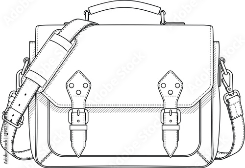 Leather messenger bag outline vector illustration vintage satchel briefcase shoulder strap template front view technical drawing mockup design