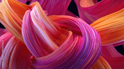 Sculptural ribbons of neon pink and orange paper twist together, creating glowing color gradients and dynamic shadows. 3D rendered illustration.