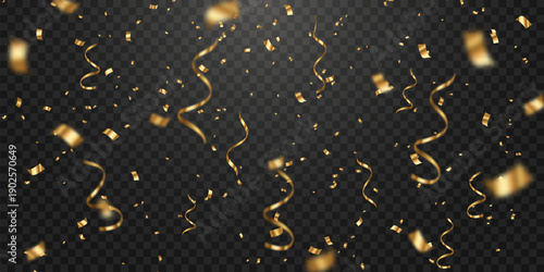 Vector gold serpentine png. Falling spiral serpentine isolated on png background. Vector flying luxury serpentine pieces. Falling curly ribbons, festive decor elements for party, birthday.