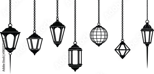 Collection of hanging lantern silhouettes diverse decorative lighting elements for festive occasions and ambient design isolated on white