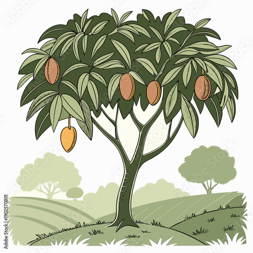 Mango tree with fruit and leaves on white background