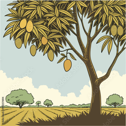 Mango tree with fruit in a field leaves
