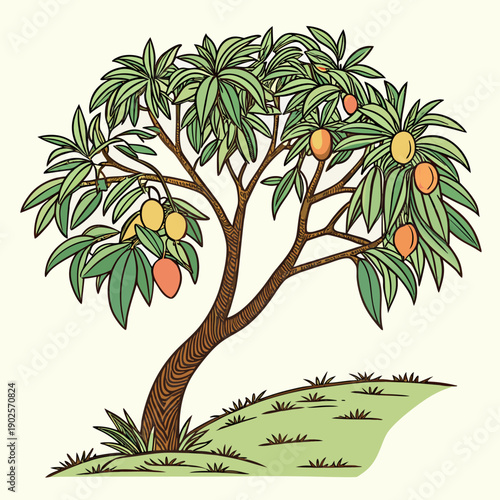 Mango tree with green leaves and fruit on branch yellow and orange fruit
