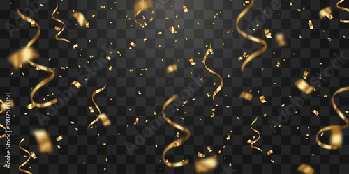 Vector gold serpentine png. Falling spiral serpentine isolated on png background. Vector flying luxury serpentine pieces. Falling curly ribbons, festive decor elements for party, birthday.